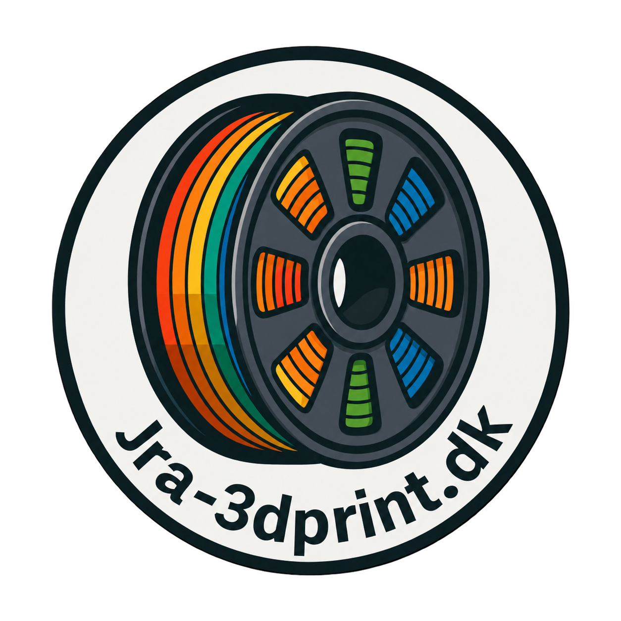 JRA-3Dprint.dk logo med flerfarvet filamentrulle
